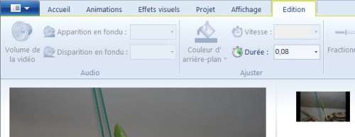 En tapant 0,08 dans le champ durée, on choisit une durée d'affichage de 0,08 seconde par image Tutoriel Movie Maker